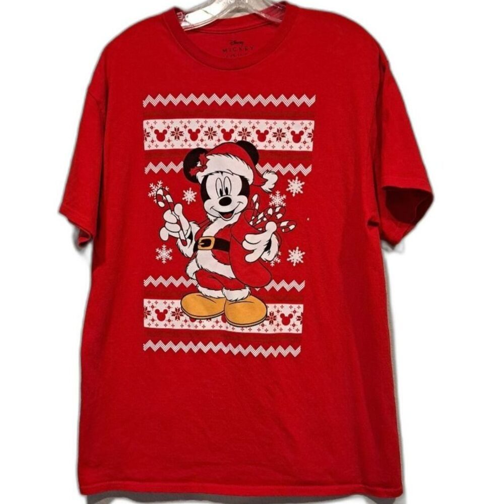 Disney Mickey Mouse Christmas Santa Claus Short Sleeve Holiday Red t-shirt sz L